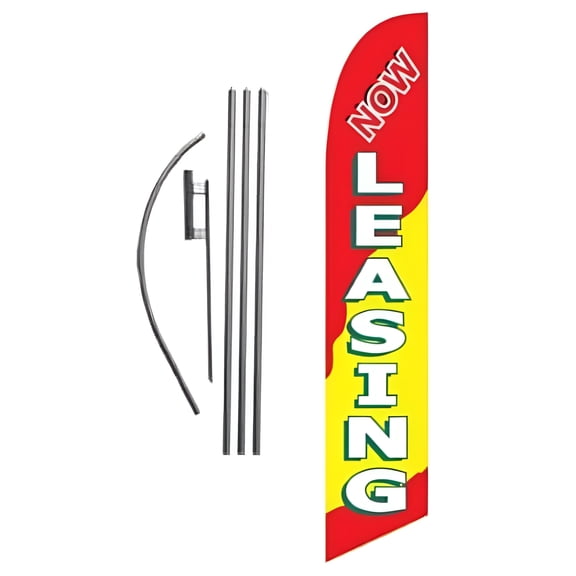 Now Leasing Real Estate Advertising Feather Banner Swooper Flag Sign with Flag Pole Kit and Ground Stake