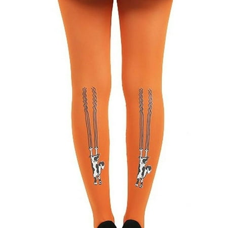 

Orange Opaque Patterned Tights with Cute Cats on the Back For Women