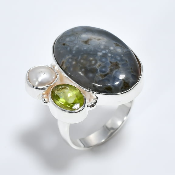 SATYAVIE JEWELLERY 925 Sterling Silver Three-Stone Ring Size US 7, Ocean Jasper, Peridot and Pearl Ring for Women