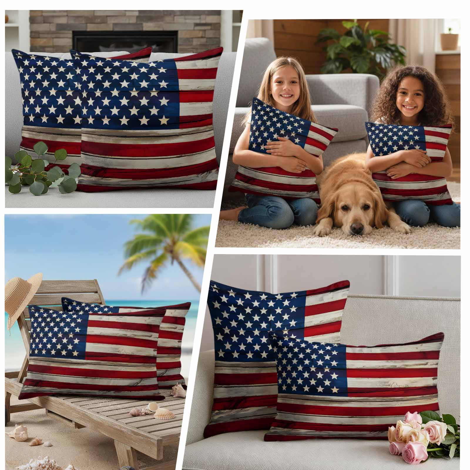Independence Day Pillow Covers 2 Pack Retro American Flag Blue Star Red White Stripe Wood Pillowcase Waterproof Outdoor Throw Pillow Cover for Patio Garden Square Cushion 18”x18”