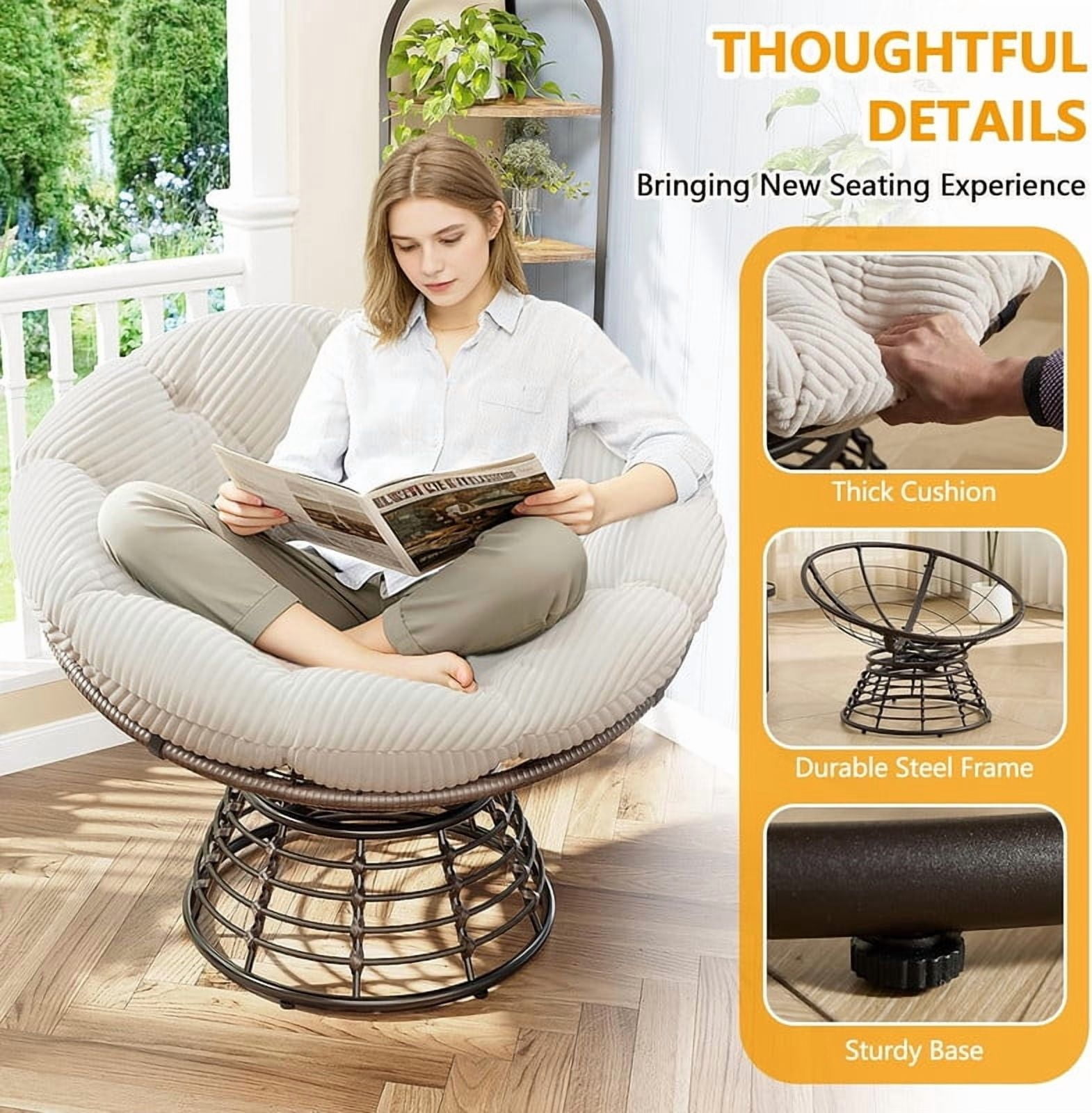 Ergonomic Wicker Papasan Chair, 360° Swivel Chair with Soft Thick Cushion for Living Room, Bedroom, Reading Room