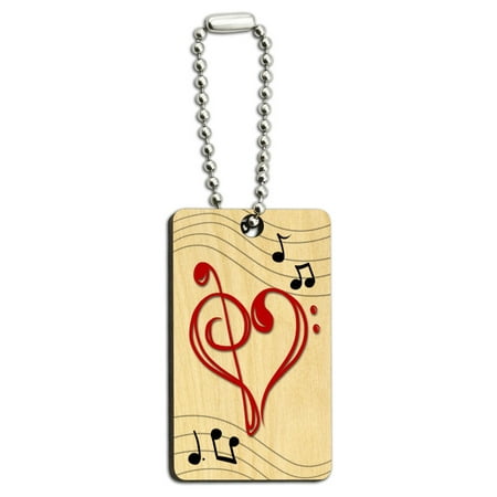 Clef Key - Music Heart - Love Treble Bass Clef Notes Staff Wood Rectangle Key Chain