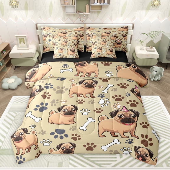Feelyou Funny Dalmatian Teens Bedding Comforter Set 7 Pieces, Kawaii Dog Pug Lover Full Bedding Set, Cute Cartoon Animal Reversible Fitted Sheet Flat Sheet, Ultra Soft Bedroom Decor