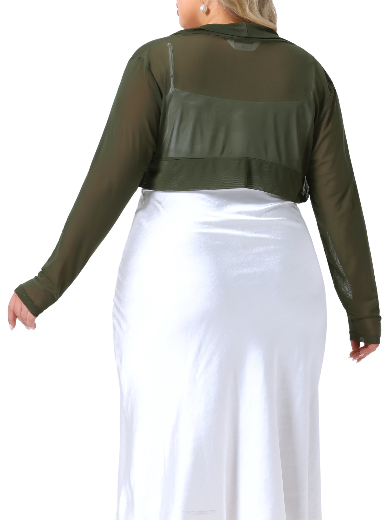 DARING DIVA Women's Plus Size Mesh Crop Long Sleeve Sheer Bolero Shrug Top 3X Army Green