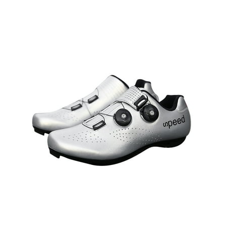 

Eloshman Unisex Double Knobs Round Toe Cycling Shoes Racing Compatible Bike Shoe Lightweight Non Slip Silver Road Bike Shoes 8.5