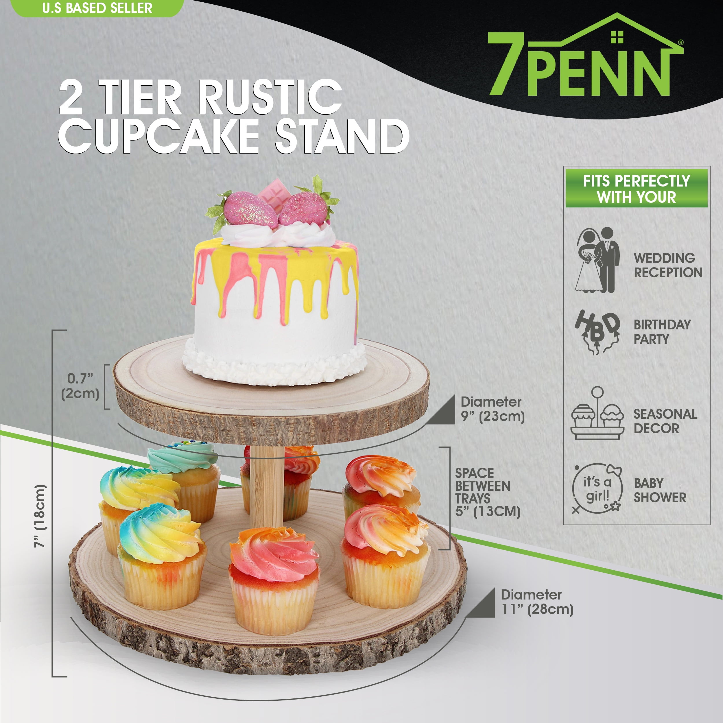 7Penn Rustic Cake Stand - 2 Tier Wooden Boho Wedding Dessert Display Shelf