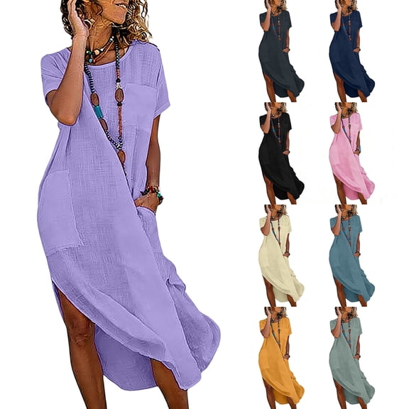 Antinious Women Solid Collared Short Sleeve Button Loose Casual Elegant Dress