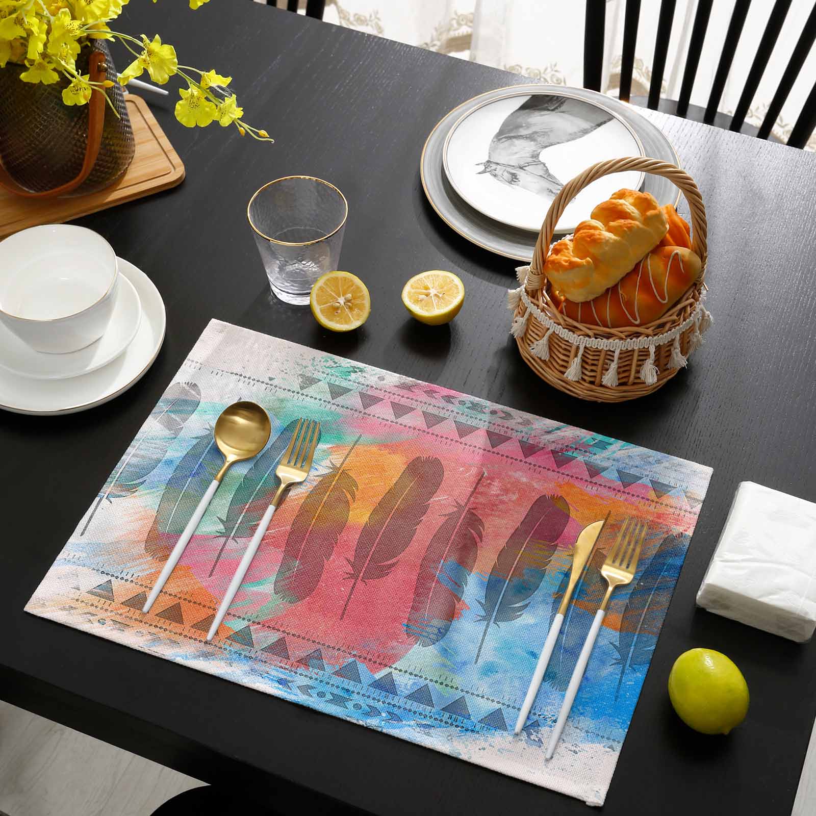 Medi-eval Feather, Placemats Set of 4, Bohemia Abstract Shabby Chic Art Placemats for Dining Table, Place Mats for Kitchen Tabletop, Waterproof Wipeable Dining Table Mats Set