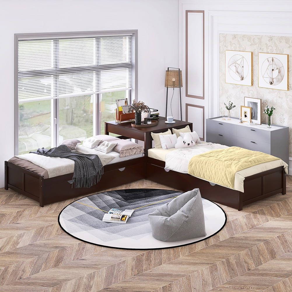 Kadyn L-shaped Platform Bed with Two Trundles and Built-in Square Table,Espresso Kadyn L-shaped Platform Bed with Two Trundles and Built-in Square Table,Espresso