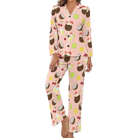 Top-kevin Women's Pajama Sets Cocktail Glasses Lemon Gold Long Sleeve Lounge Sets Pjs Sleepwear with Pockets
