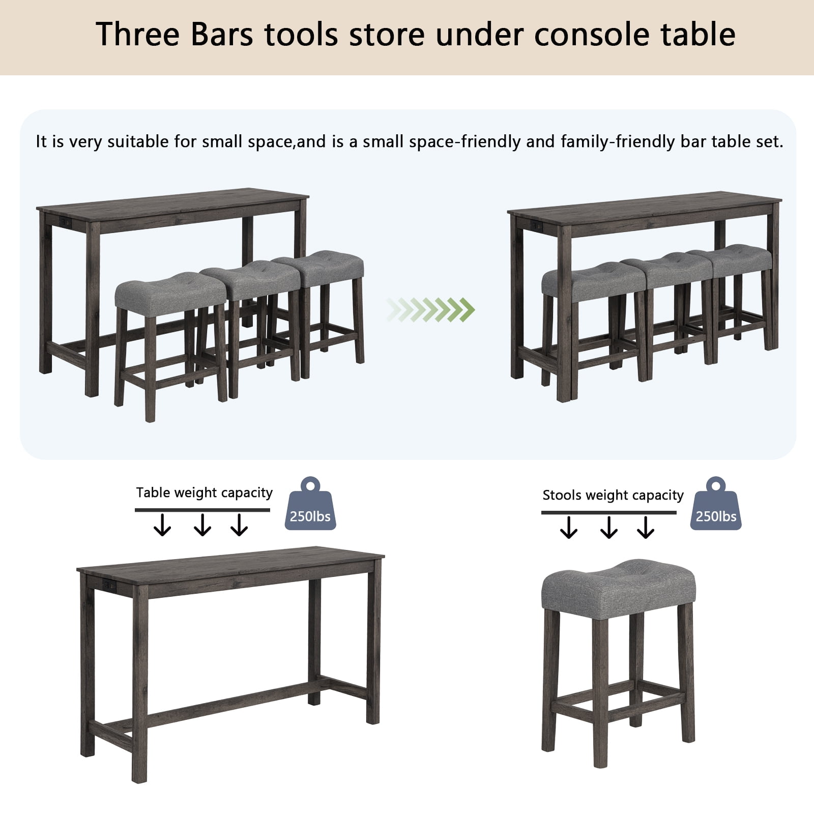 MAYEERTY 4-Piece Bar Table Set with USB Charging Port – Modern Sofa Bar Table and Upholstered Stools Set for Behind Couch, Dining Room, or Living Room
