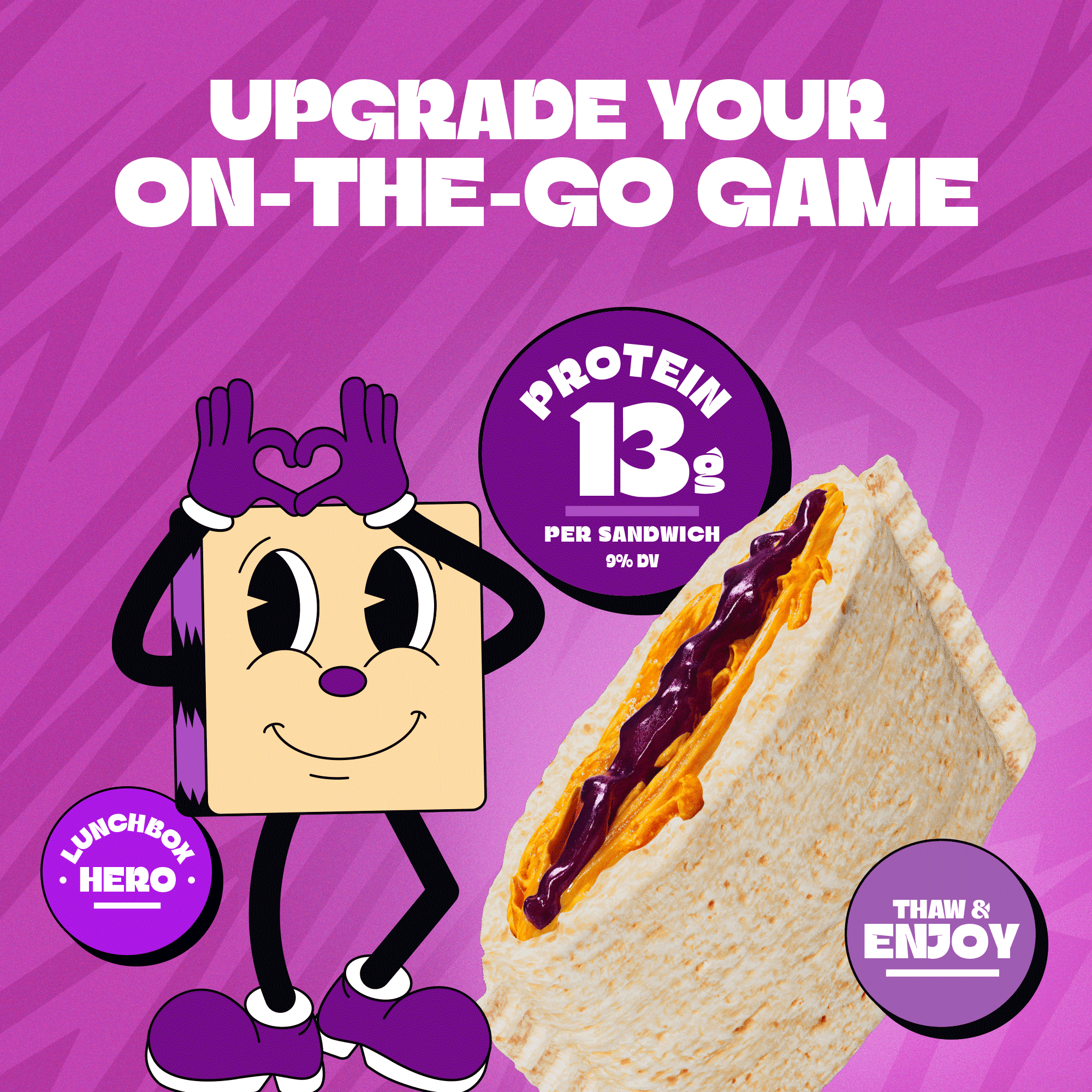 LUNCHLY Peanut Butter & Grape Lil Sammies, 13G Protein, 4 Count, 2.8oz Each, Frozen, Crustless Sandwiches