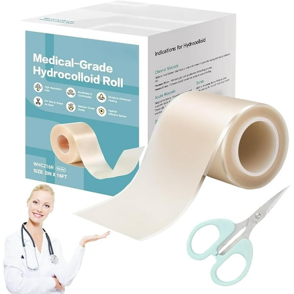 Rivaya Hydrocolloid Roll for Wound Care, 2025 New Rivaya Hydrocolloid Roll, 2in * 16ft Cut to Size Grade Bandages, Self-Adhesive, Flexible & Waterproof DIY Size & Shape Silicone Tape