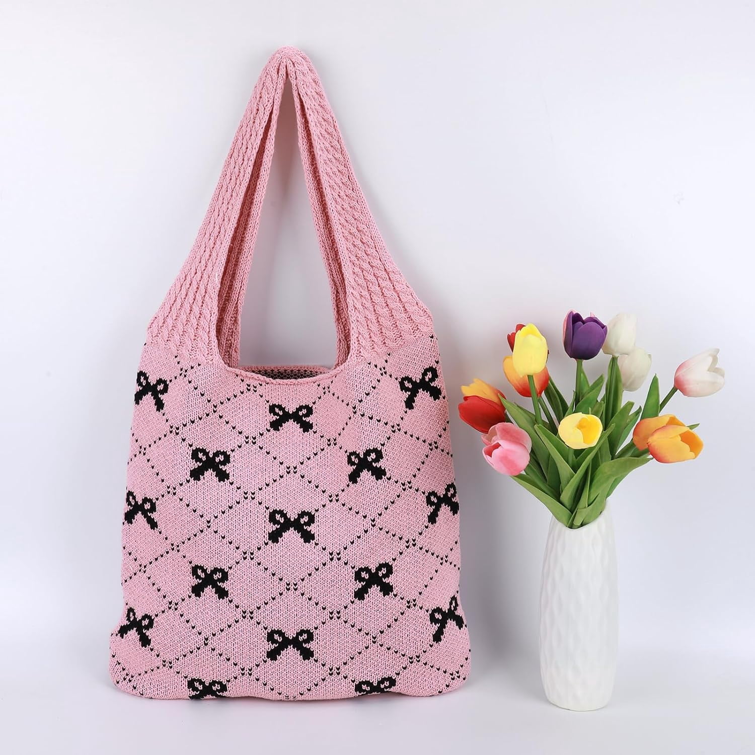 NANAHuang Crochet Tote Bag Y2k Bow Purse for Women Coquette Aesthetic Hobo Bag Cute Shoulder Handbag Knitted Tote Bow Printed Bag