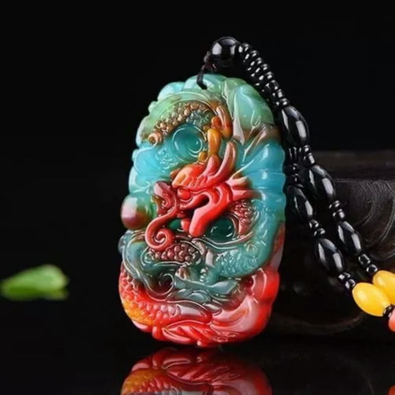HOOUN Pendant Necklace Jewelry Carved Amulet Gift Natural Colour Jade Dragon-2.08inch