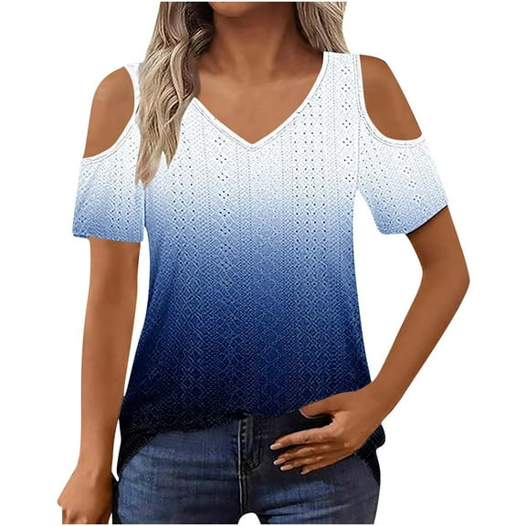 Uaswgudfs ​Women Blouses Summer Tops:Off-Shoulder V-Neck Trendy Blouse with Perforated Detail & Lightweight Casual Fabric