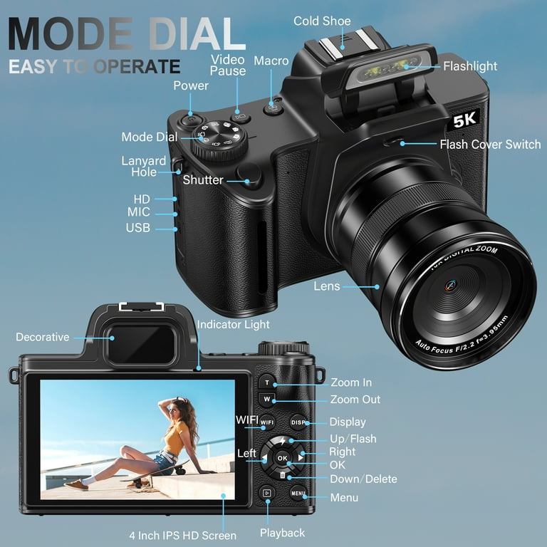 MARVUE Digital Camera with 5K UHD Video, 80MP, 18X Zoom, One