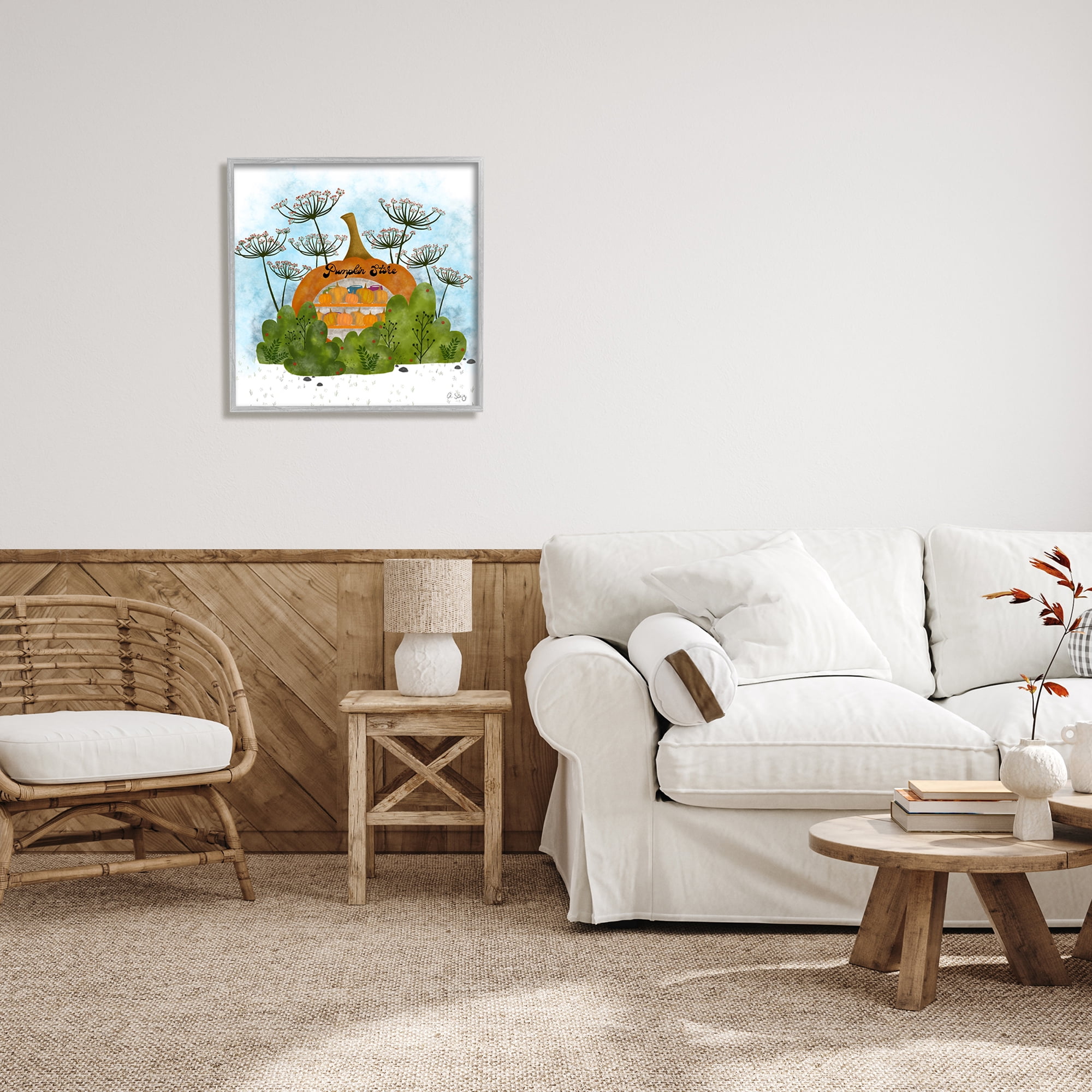 Pumpkin Store Beneath Dandelions Whimsical Autumn Scenery Botanical & Floral Graphic Art Framed Art Print Wall Art