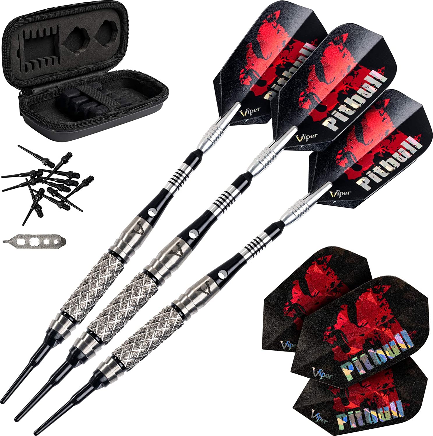 Viper Pitbull Tungsten Soft Tip Darts with Storage/Travel Case, and Dart Caddy Solid Wood Wall Mounted Dart Holder/Stand with Accessory Storage Bag