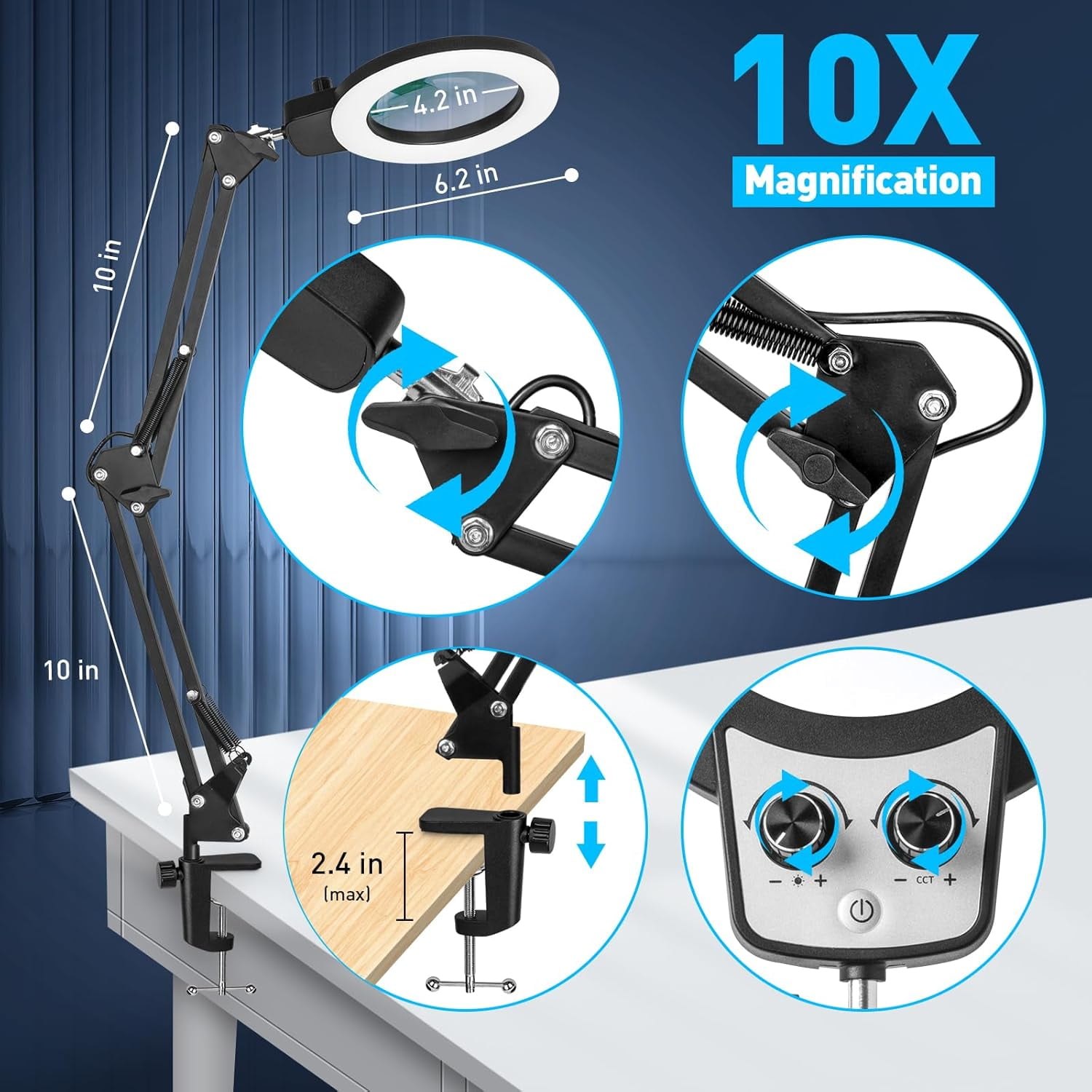 Magnifying Glass with Light and Stand, KIRKAS Upgraded Infinite Color Modes & Brightness LED 2in1 Desk Clamp Magnifying Lamp, Hands Lighted Magnifier Light for Reading Crafts Jewelry Workbench
