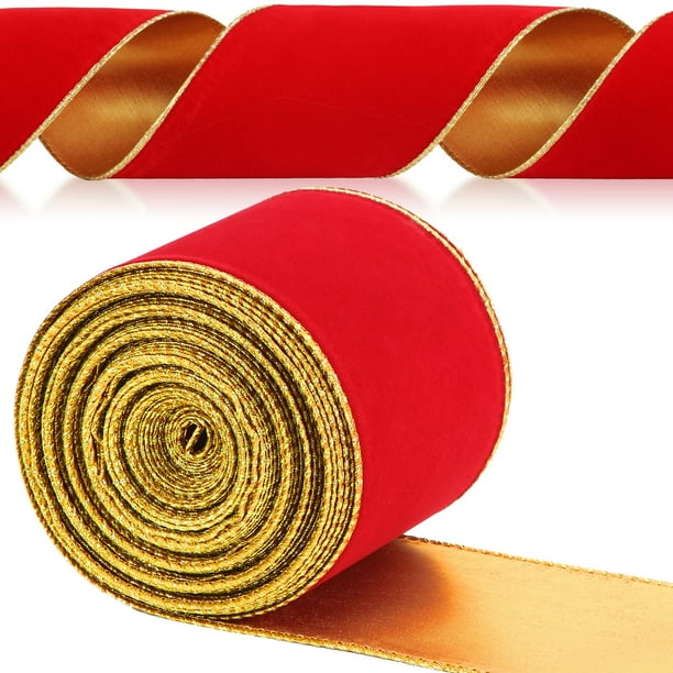 Cinta Yungyan Velvet Red Gold de 4 pulgadas x 35 yardas para manualidades