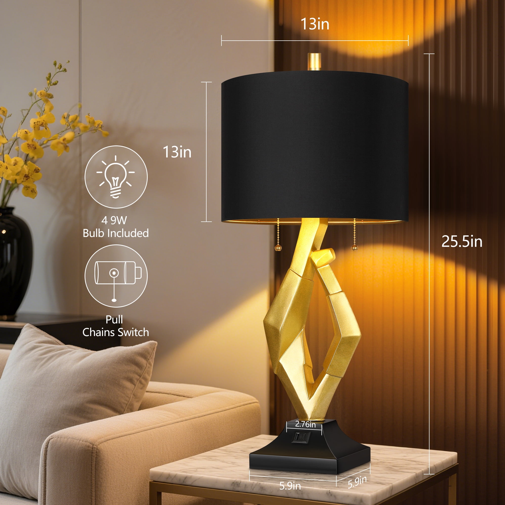 25.5in Gold Nightstand Resin Lamps with Black Shades, Contemporary Table Lamps for Bedside End Tables, 4 Bulbs Included (Gold)