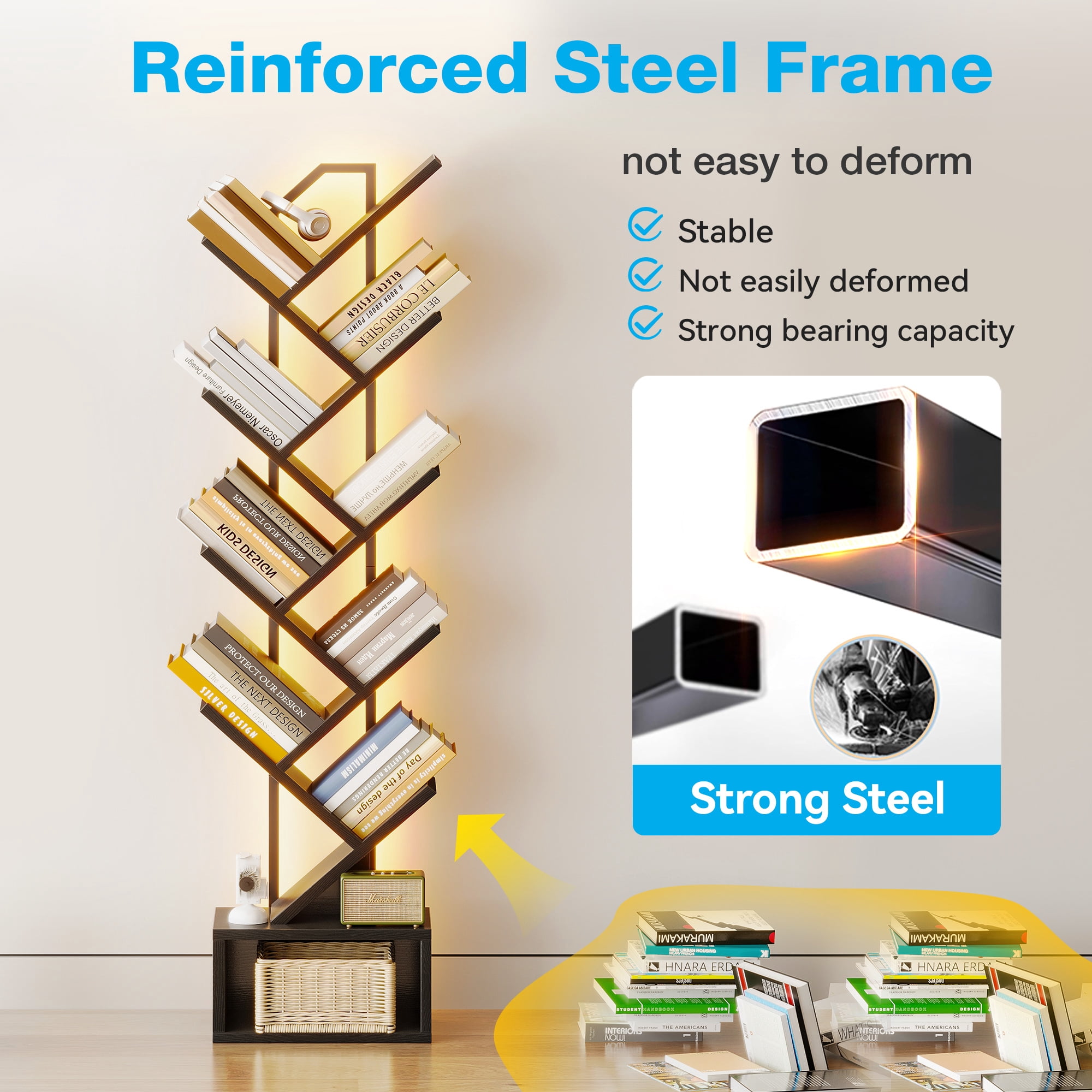 Casacomoda 8 Tier Tree Bookshelf, Bookcase with LED Lights, Display Floor Standing Storage Shelf, Book Organizer Shelves for Home Office, Living Room, Black