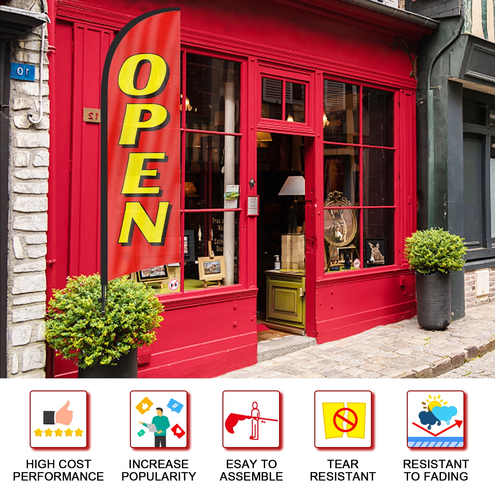 QSUM Open Sign Feather Flag with Pole Kit,7FT Open Advertising Flag, Open Business Sign,Open Windless Swooper Flag
