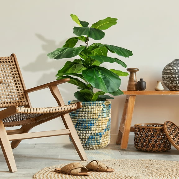 LCG Florals Artificial Plant, Deluxe Fig Plant, 4 ft, Blue and Cream Handwoven Basket