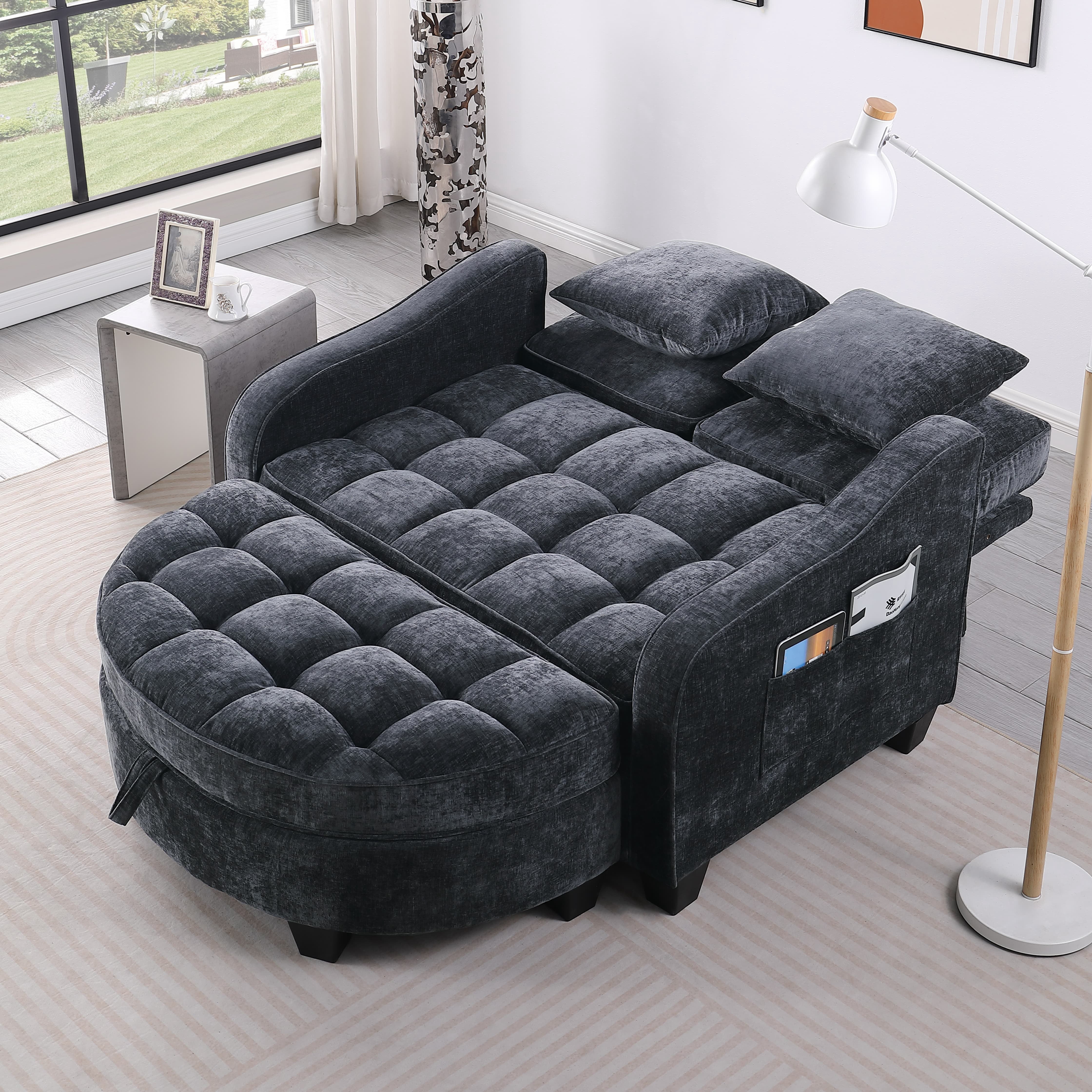 Aukfa Double Chaise Lounge Loveseat with Storage Ottoman & 2 Pillows, Modern Small Sectional Couch for Small Space,Black
