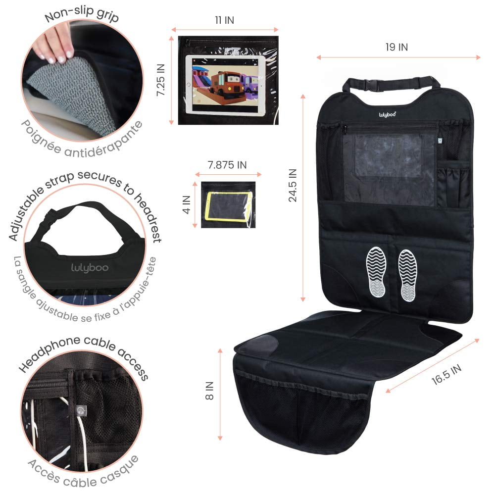 Lulyboo Auto Seat Protector and Carseat Organizer Tablet iPad Device Storage Window, Reinforced Seat Padded Non-Slip Grip Front and Rear Facing For Baby and Toddler Car Seats