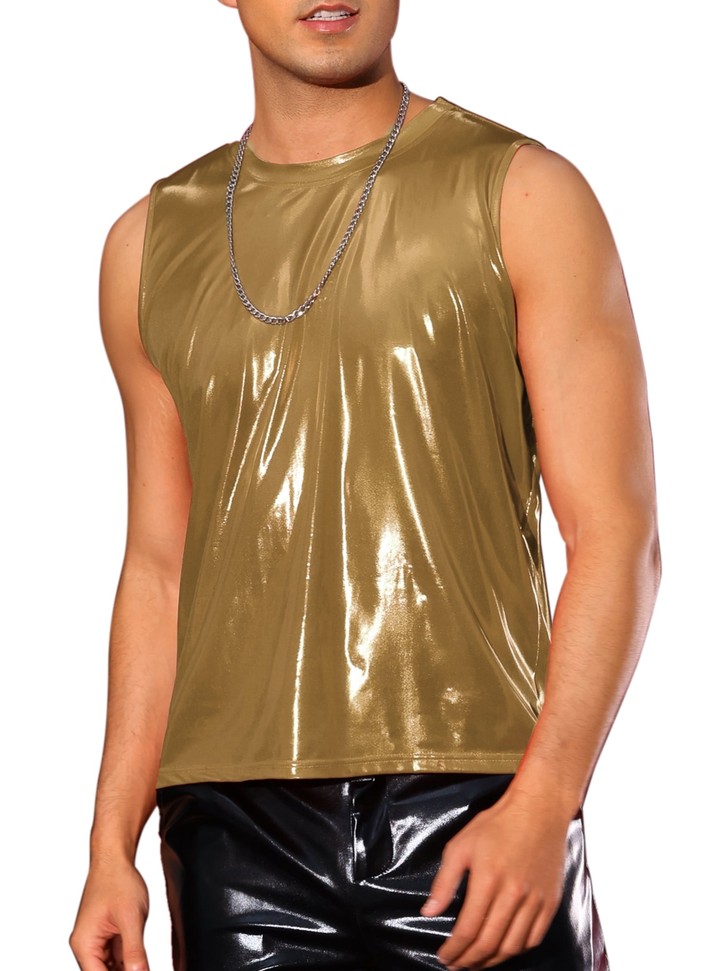 INSPIRE CHIC Metallic Tank Tops for Men's Holographic Sleeveless T-Shirt Disco Party Shiny Vest 2XL Golden