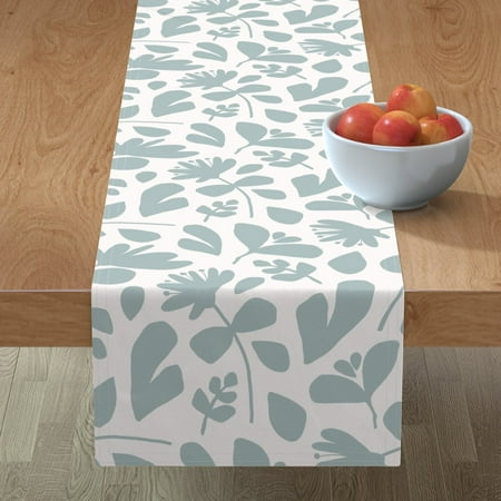 

Cotton Sateen Table Runner 90 - Duck Egg Blue Modern Floral Silhouette Pressed Flowers Botanical Boho Chic Large Scale Print Custom Table Linens by Spoonflower