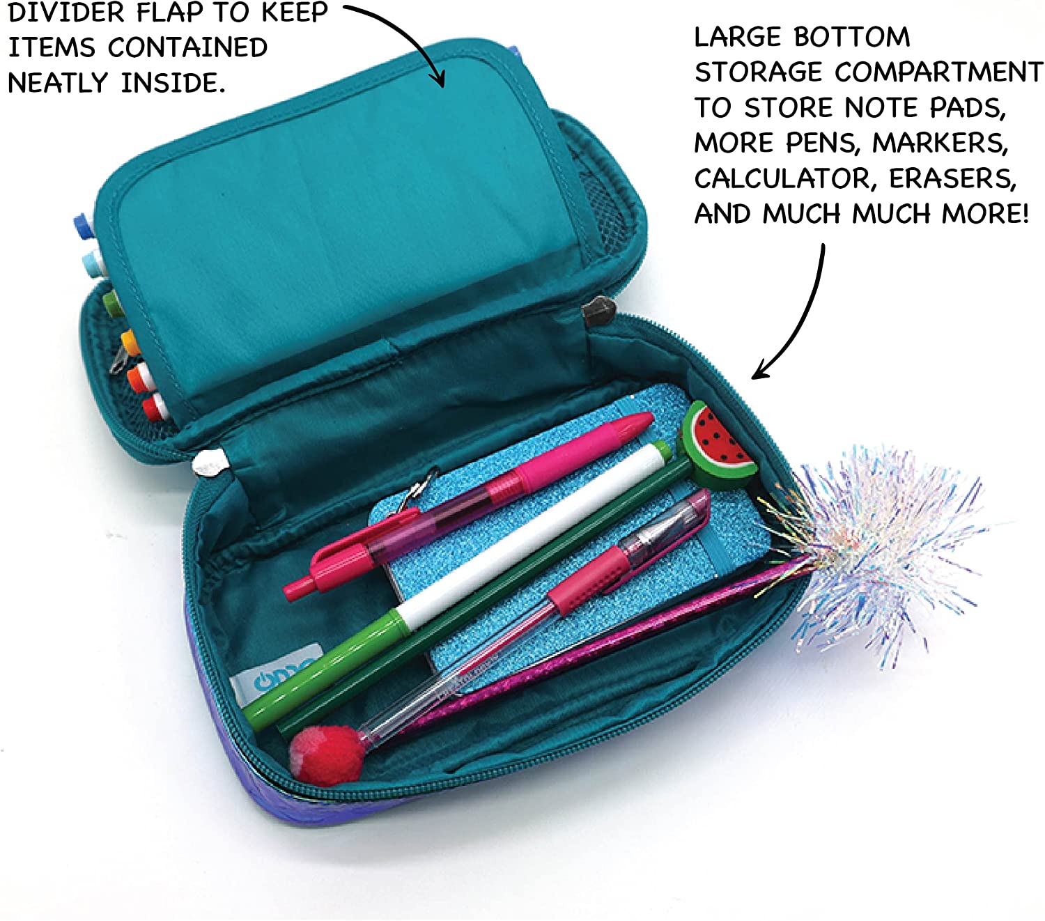 OMG ORGANIZE MY GEAR Cute Pencil Case for Kids, Pen Storage Pouch Large Capacity, Zipper Mesh Pocket Compartment, Multi-Slot Pencil Bag Pen Case (Iridescent Green)