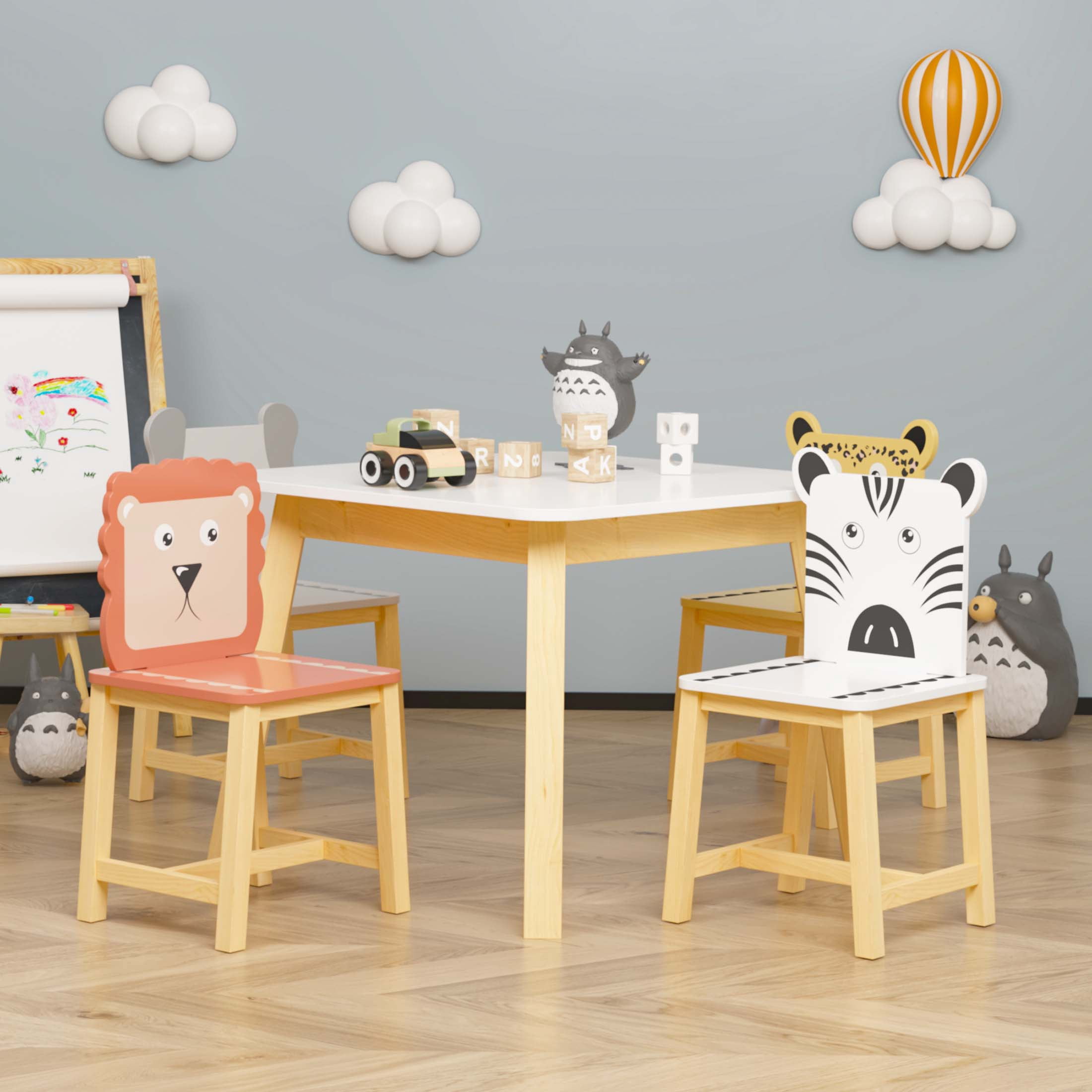 iRerts Kids Table and Chair Set, 5 Pieces Cartoon Animals Wood Kids Activity Table with 4 Chairs, Kids Play Table Set for 3-8 Year Old, Childrens Table and Chairs for Reading, Drawing, Jigsaw Puzzles