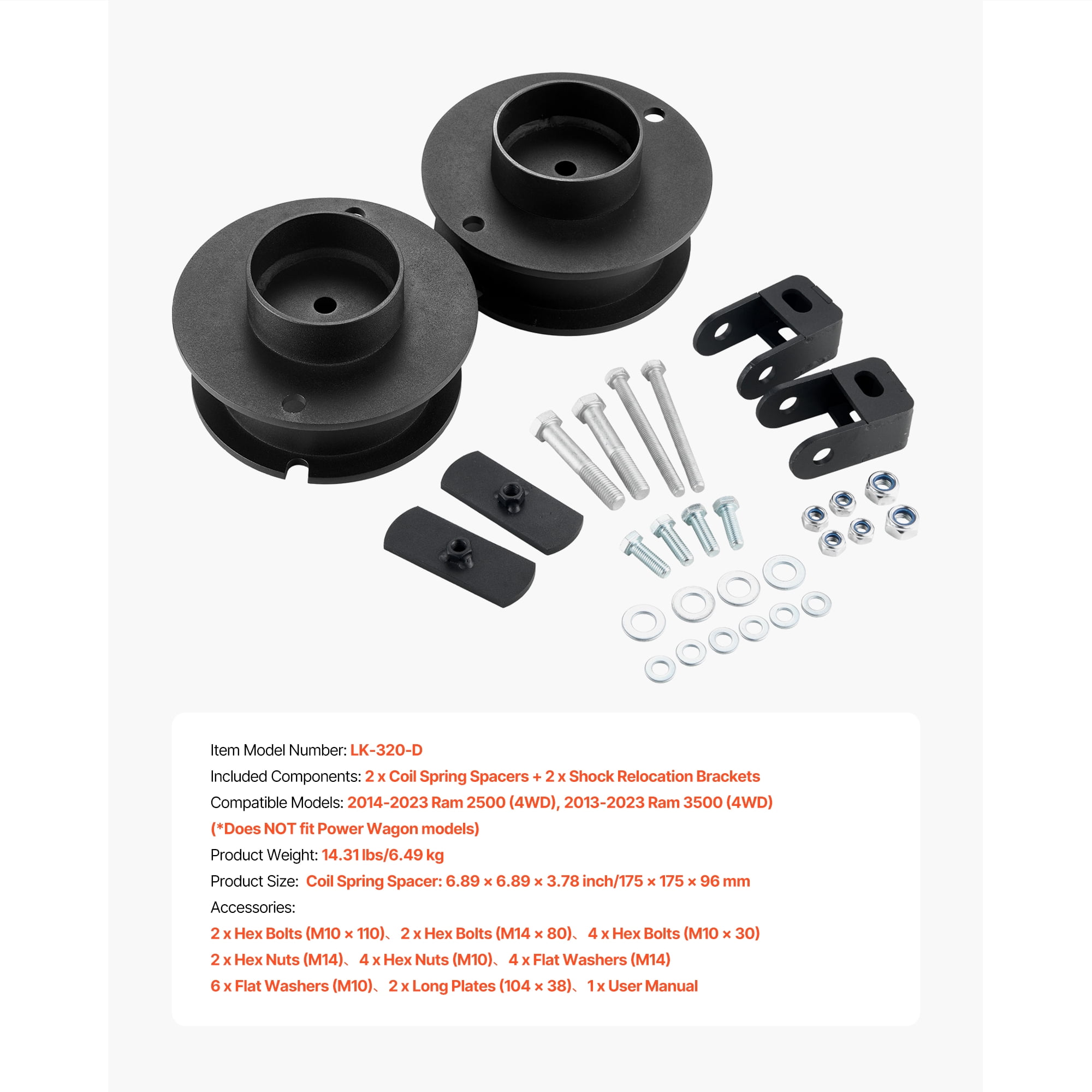KFFKFF 2.5 Inch Front Leveling Lift Kit for 2014-2023 Dodge Ram 2500 4WD and 2013-2023 Ram 3500 4WD, Suspension Upgrade with Coil Spring Spacers and Shock Relocation Brackets, Durable Steel