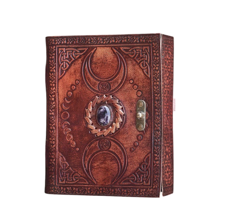 Handmade Leather Journal with Tiger Eye Stone & Celtic Moon Design – 5x7 Inch Vintage Deckle Paper Notebook, 200 Pages