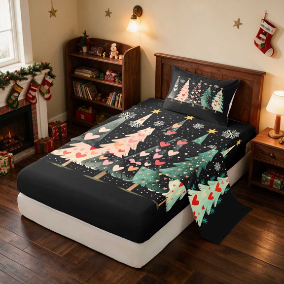 Manfei Christmas Tree Twin Sheets Holiday Bedding, Cream Green 3 Pieces (1 Flat Sheet, 1 Fitted Sheet and 1 Pillowcase)