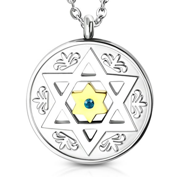 Stainless Steel Two-Tone Blue CZ Jewish Star of David Round Men's Pendant Necklace, 22"