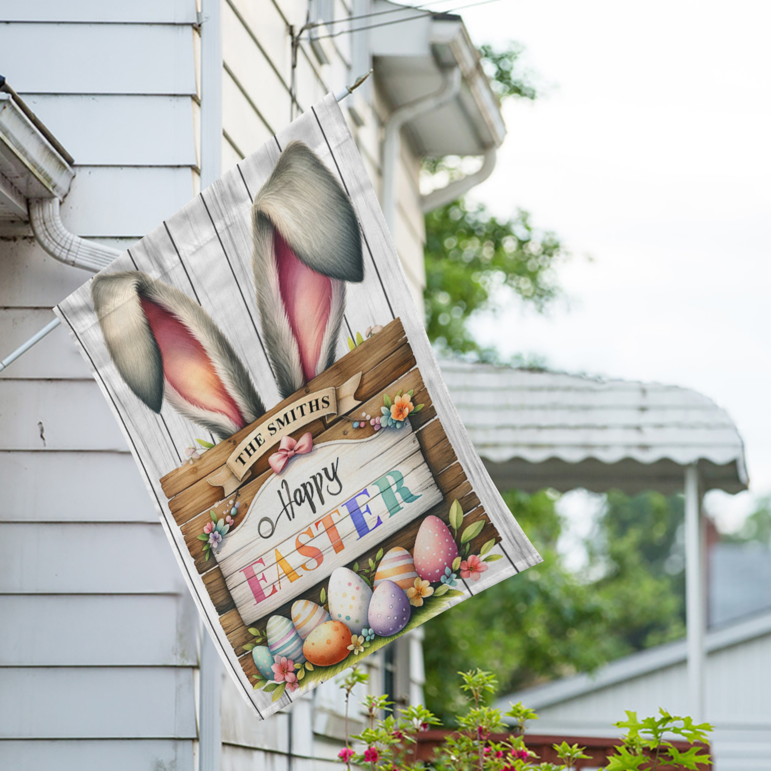 America Forever Easter Bunny House Flag Double Sided, 28 x 40 inch Happy Easter Bunny Ears Flag, Personalized Family Name Easter Eggs, Farmhouse Easter Yard Flag