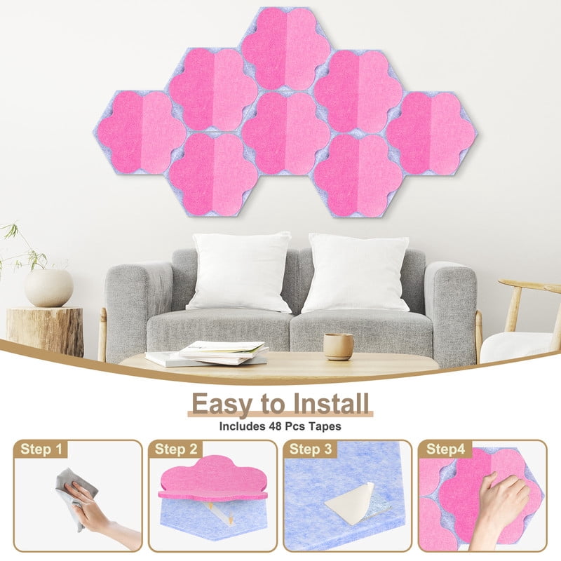 DOLLAR BOSS 8 Pcs Hexagon Felt Cork Board Tiles, Pink Flower Design Bulletin Board Strips Self Adhesive DIY Bulletin Board Pin Board for Home Wall Decor Stickers Memos Photos Display Notes, Photos
