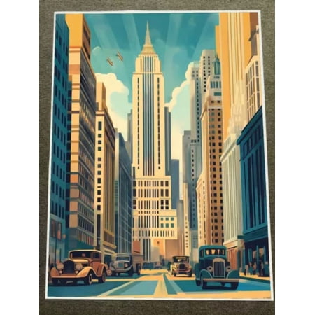 Poster Chrysler Building In Art Deco Style With Sunset Sky Poster, UNFRAMED PAPER POSTER