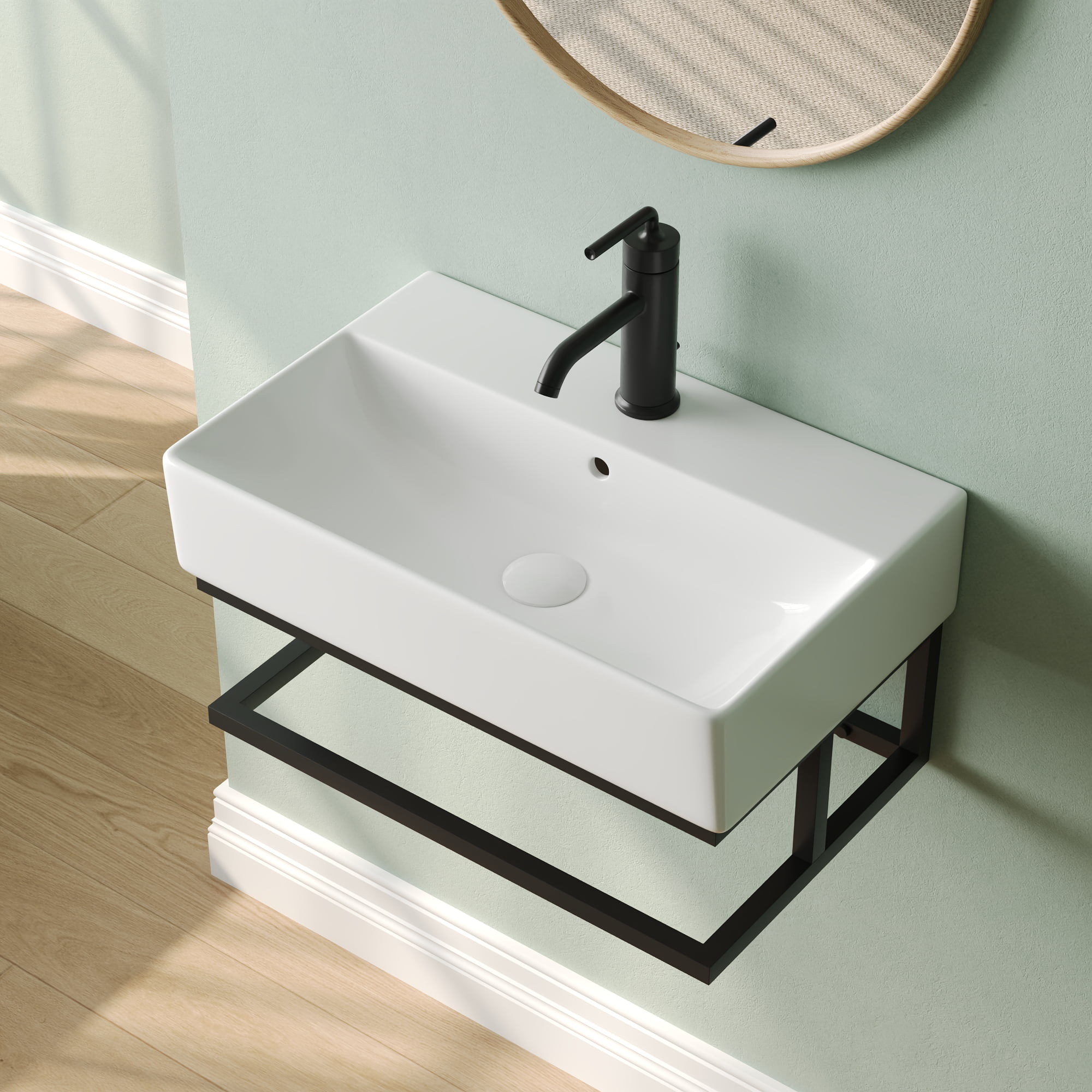 Deervalley 22"X14" White Wall Mounted Bathroom Sink With Black Towel Bar, Rectangular Bathroom Sink With Overflow DV-1WS0322B