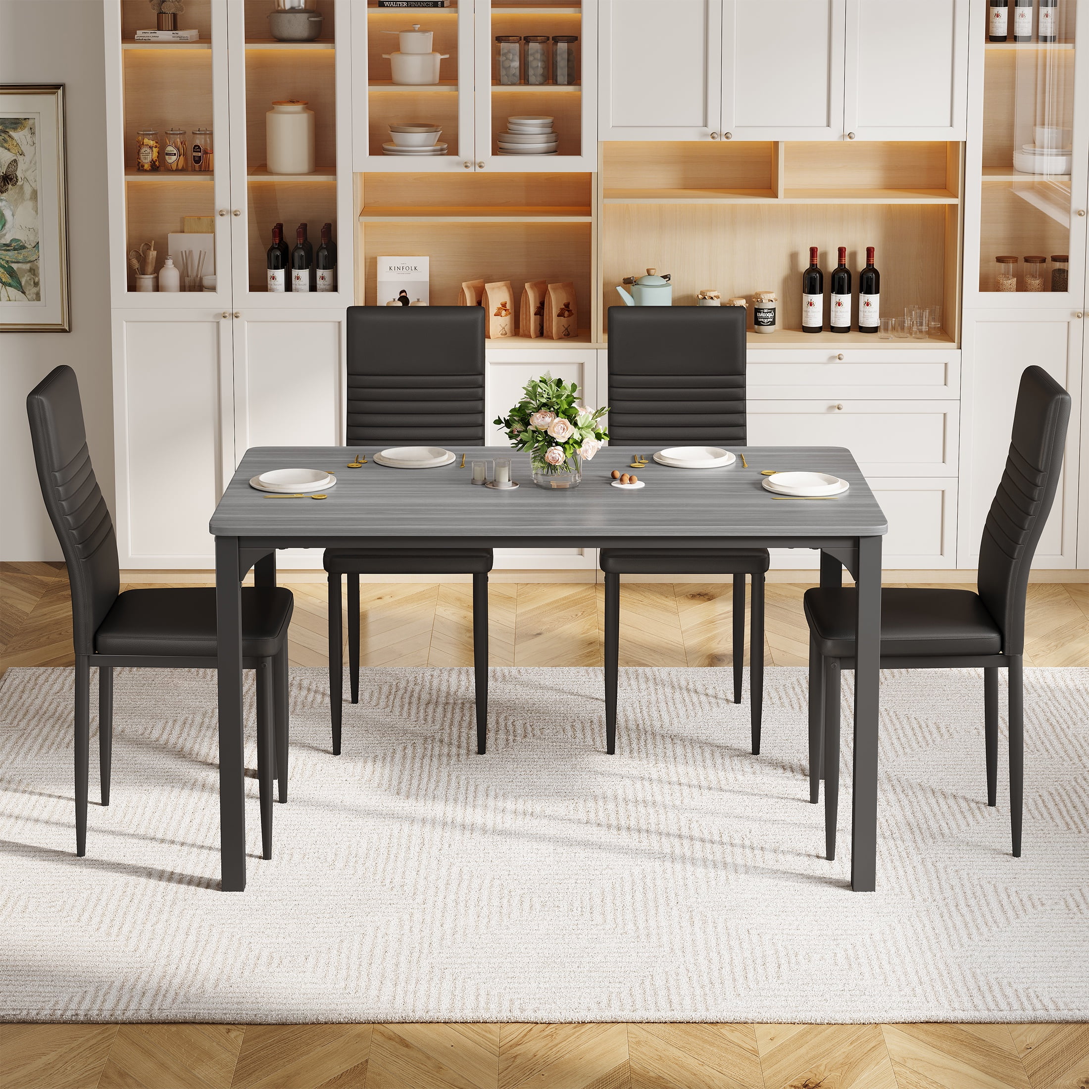 PORKISS 5 Piece Dining Set, Dining Table and Chairs Set for 4, Rectangle Kitchen Dining Table Set with 4 Upholstered Chairs, for Small Space, Breakfast Nook, Gray