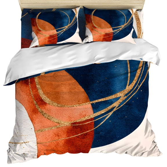 Navy Blue Burnt Orange Duvet Cover Set, Boho Art Modern Geometric Soft Duvet Cover Full Size Bedding Set 4 Pieces, 1 Quiltcover and 2 Pillowcases with Zipper, 1 Bed Sheet for All Seasons