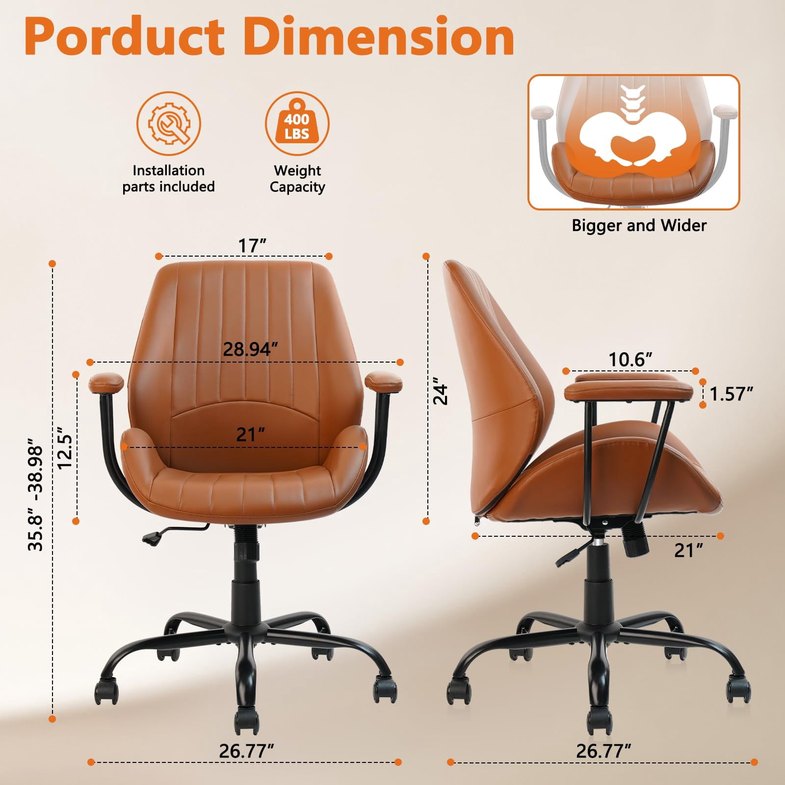 CLATINA Bürostuhl Aus Leder – Höhenverstellbar, Drehbar, Mit Armlehnen, Für Homeoffice & Gaming, Bis 160 Kg