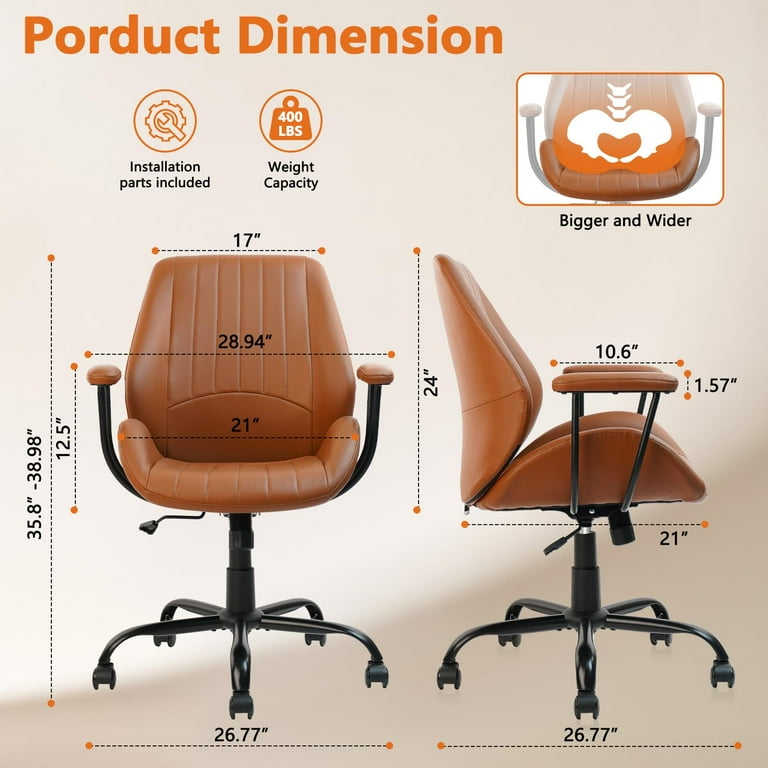 CLATINA Leather Desk Chair, Mid-Century Modern Ergonomic Swivel