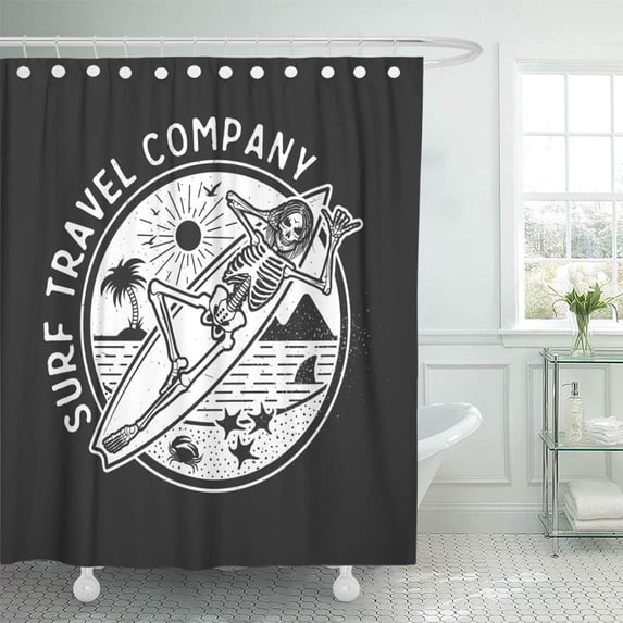 KSADK Beach with Skeleton Surfer Vintage Surfing Emblem Templates Surf Badge Surfboard Shower Curtain Bath Curtain 66x72 inch