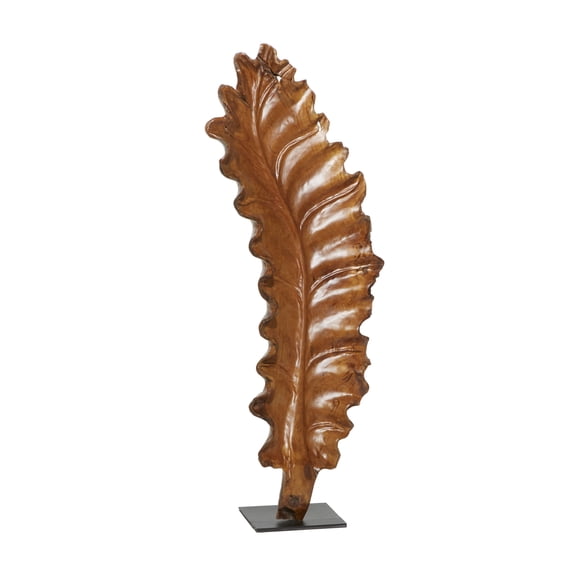 21" x 46" Brown Teak Wood Handmade Leaf Sculpture, by DecMode