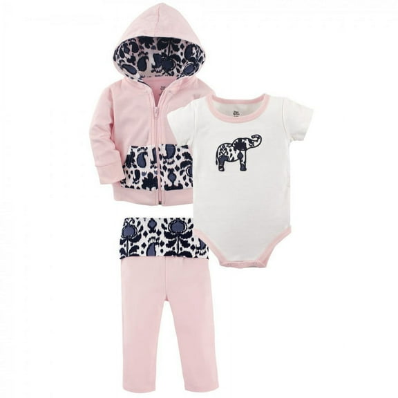 Yoga Sprout Baby and Toddler Girl Cotton Hoodie, Bodysuit or Tee Top, and Pant, Ikat Elephant Baby, 0-3 Months